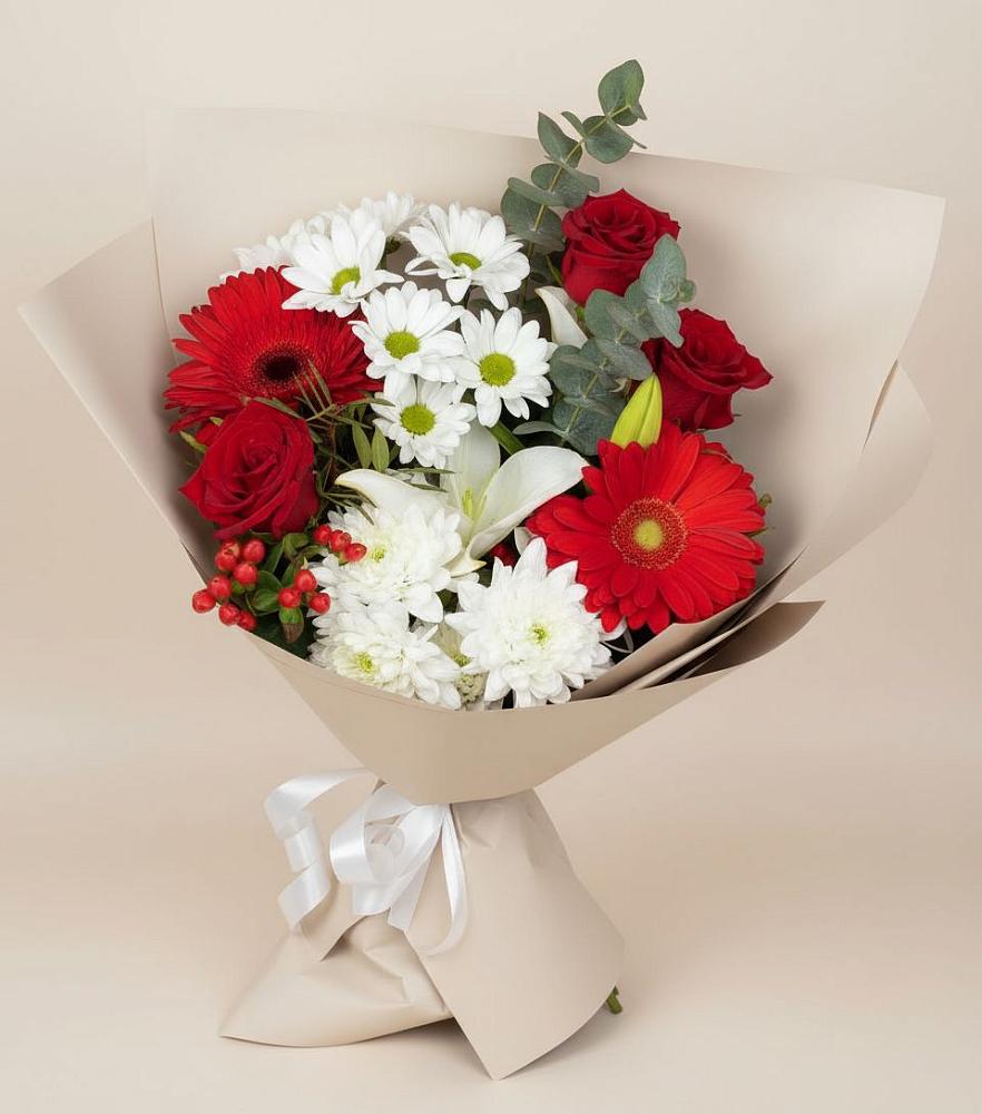 Букет цветов из: Розы, Хризантемы, Герберы и Лилии в Краснознаменский