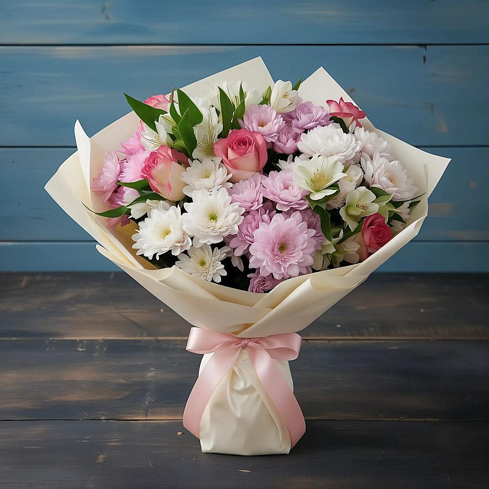 Букет цветов из: Хризантемы, Альстромерии и Розы в Краснознаменский